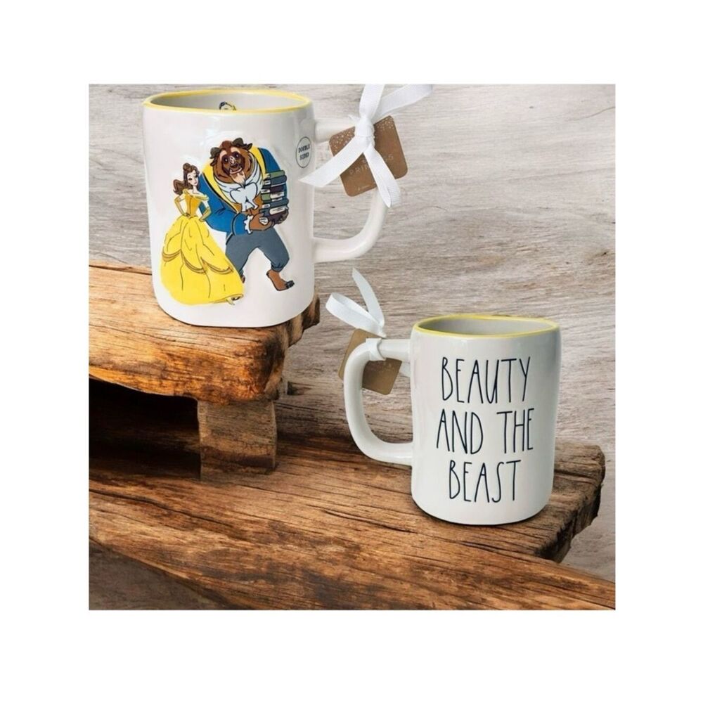 NWT Rae Dunn Disney BEAUTY & the Beast White Yellow double side raised paint Mug